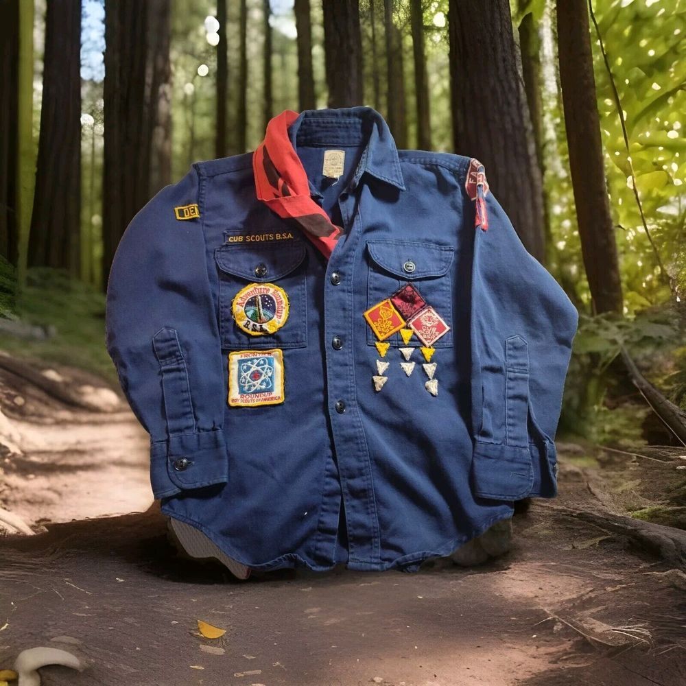 Cub Scouts BSA UNIFORM SHIRT Boys Blue Outdoor Camp Hiking 1950s  989